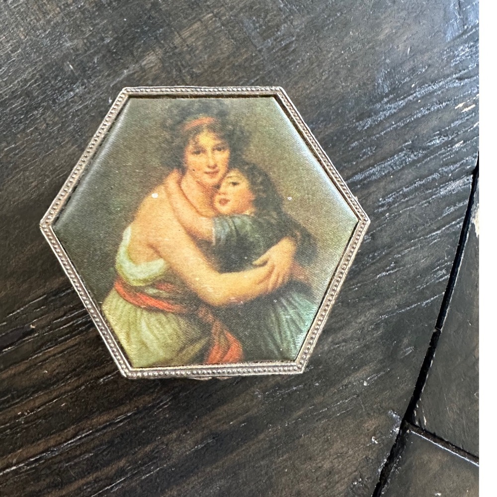 Vintage Mele Hexagon Trinket Jewelry Box Madame Lebrun and Her Daughter Goldtone